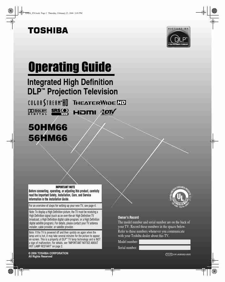Toshiba Projection Television 56HM66-page_pdf